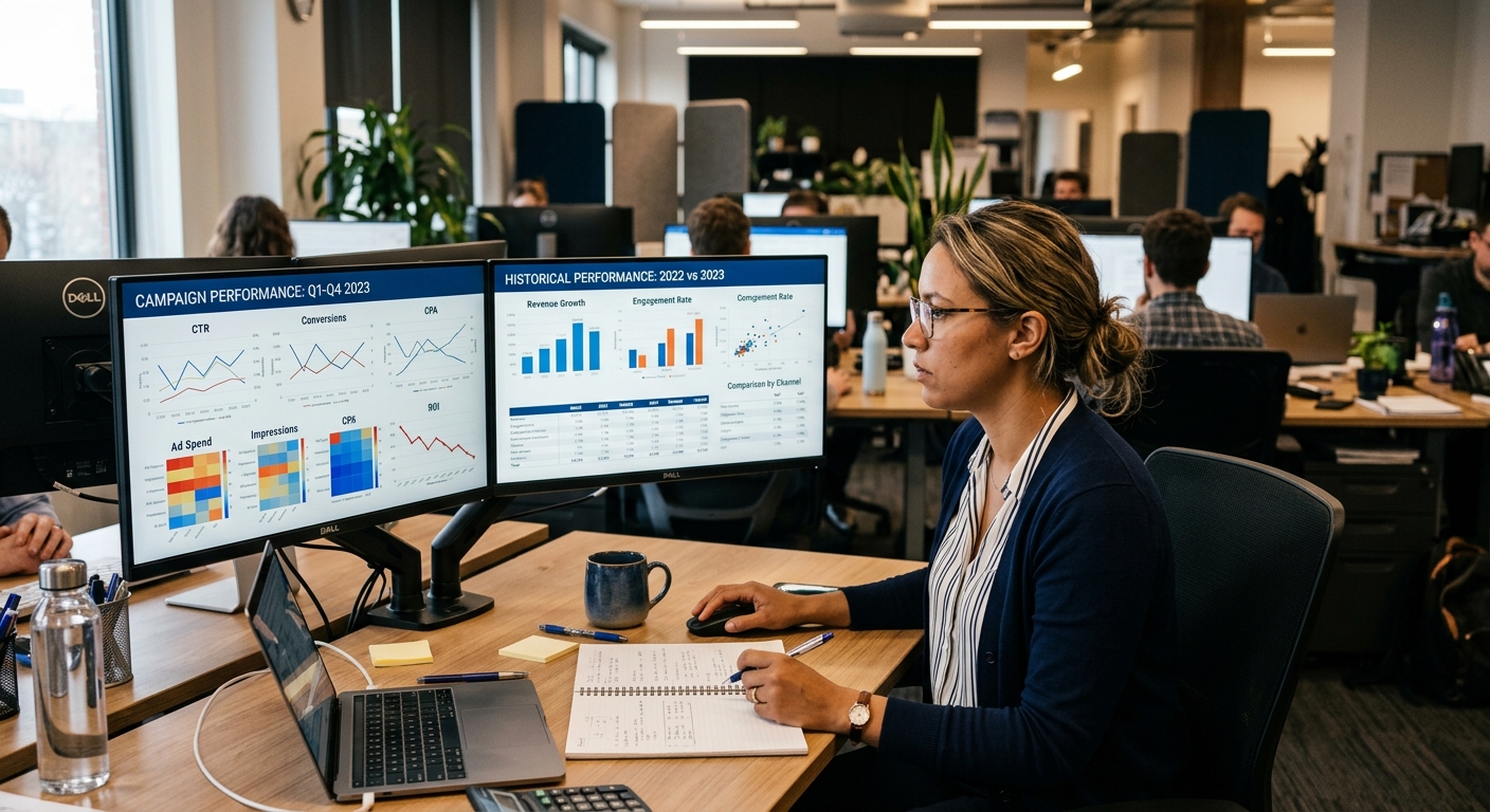 Analista de dados comparando gráficos históricos de campanhas em dois monitores no escritório