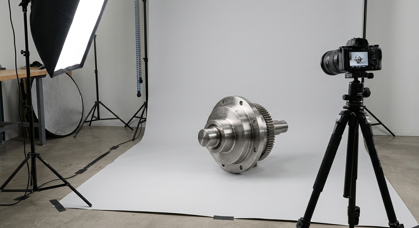 Fotografia de uma peça industrial sendo preparada para um site de e-commerce em um estúdio minimalista.