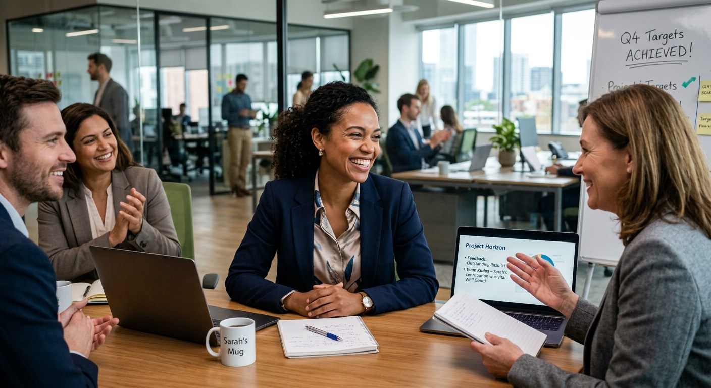 Mulher recebendo feedback positivo sobre seu trabalho, sorrindo, mostrando satisfação e realização profissional.