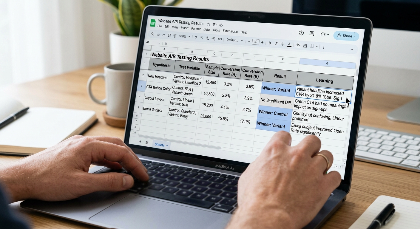 Tela de um notebook exibindo uma planilha simples com resultados de um teste A/B
