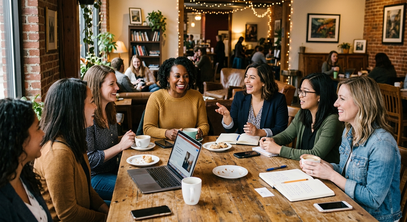 Grupo de mulheres se conectando em um café acolhedor, sorrindo e compartilhando experiências