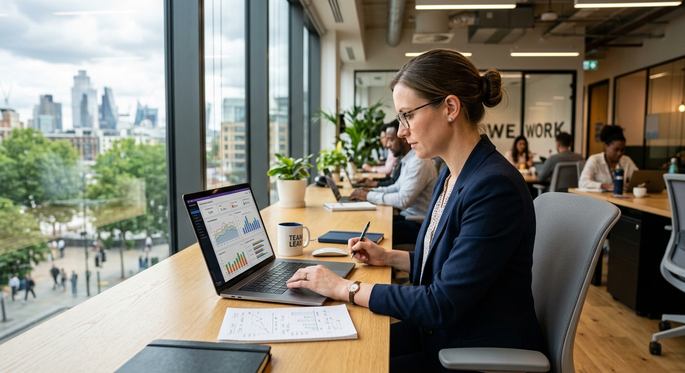 Líder de equipe analisando gráficos de produtividade em laptop em escritório moderno