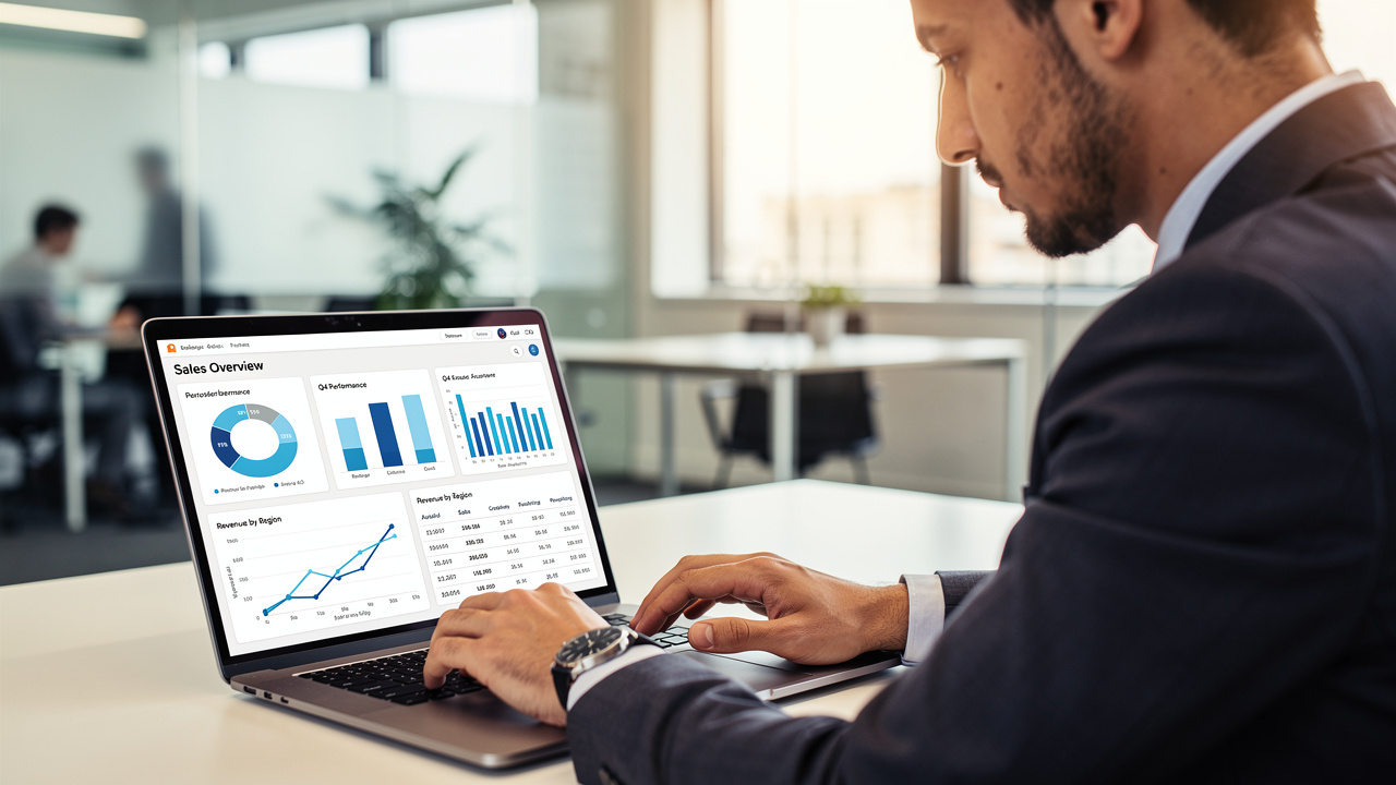Profissional analisando documentos digitais auditáveis em painel de gestão no computador