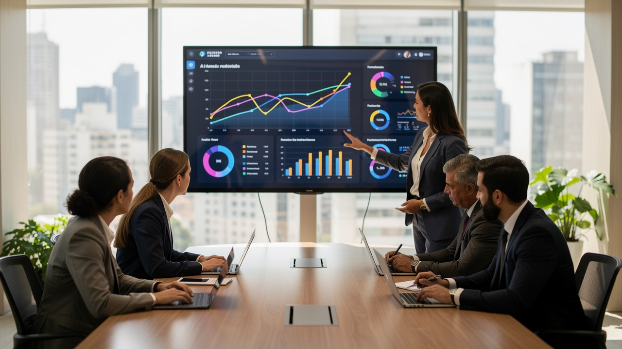 Equipe de negócios analisando dashboards gerados por inteligência artificial em escritório moderno