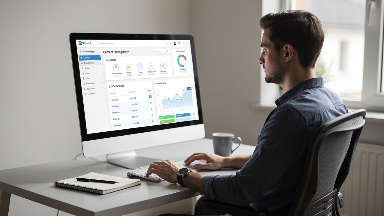 Gestor de e-commerce focado utilizando um painel de controle em um computador em uma mesa bem organizada.