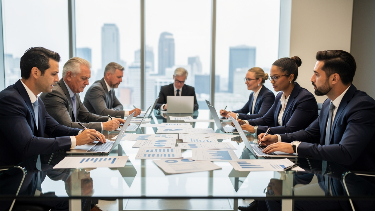 Executivos diversos reunidos em sala de reunião moderna analisando documentos corporativos