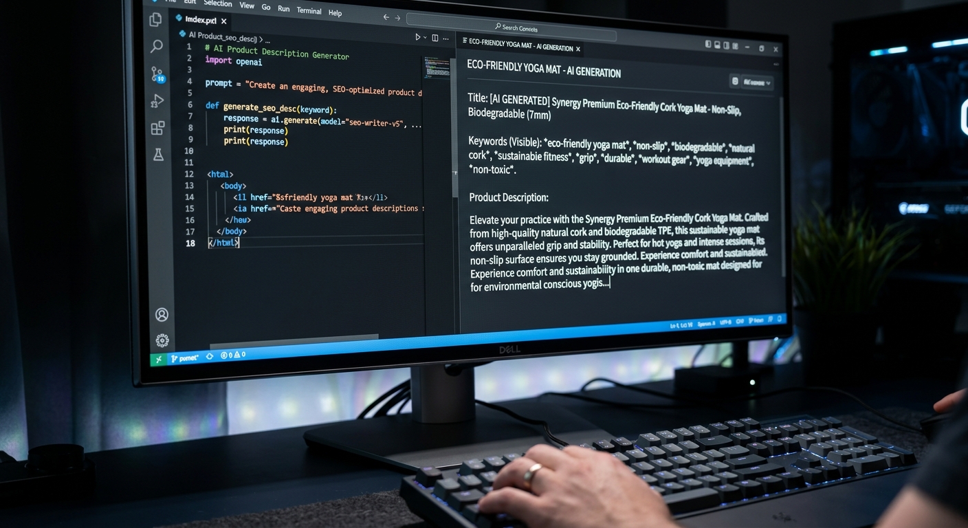 Tela de computador mostrando a inteligência artificial da Ascendly gerando descrições de produtos otimizadas para SEO.