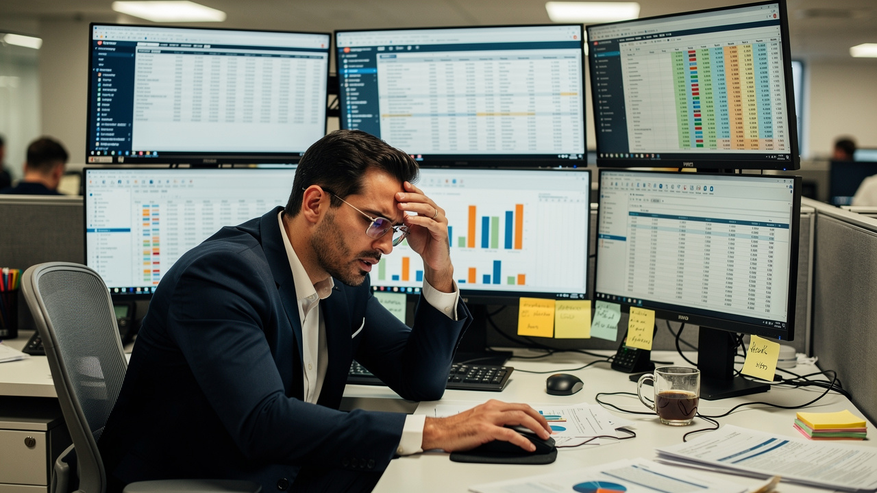 Gestor analisando diversas telas com planilhas e sistemas de dados desconexos no escritório