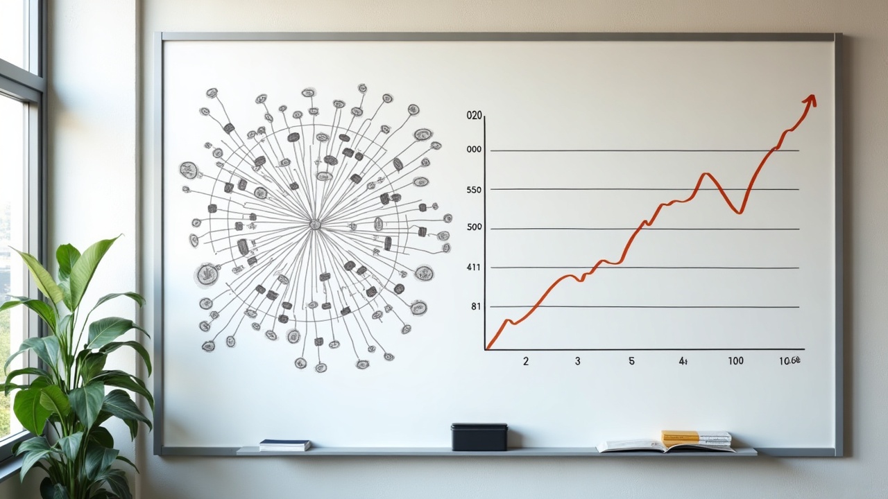 Quadro branco com um plano de marketing complexo ao lado de um gráfico de vendas vazio