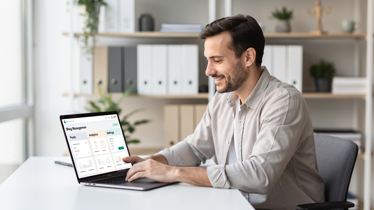Gestora de e-commerce trabalhando em notebook com um painel de conteúdo organizado e limpo.