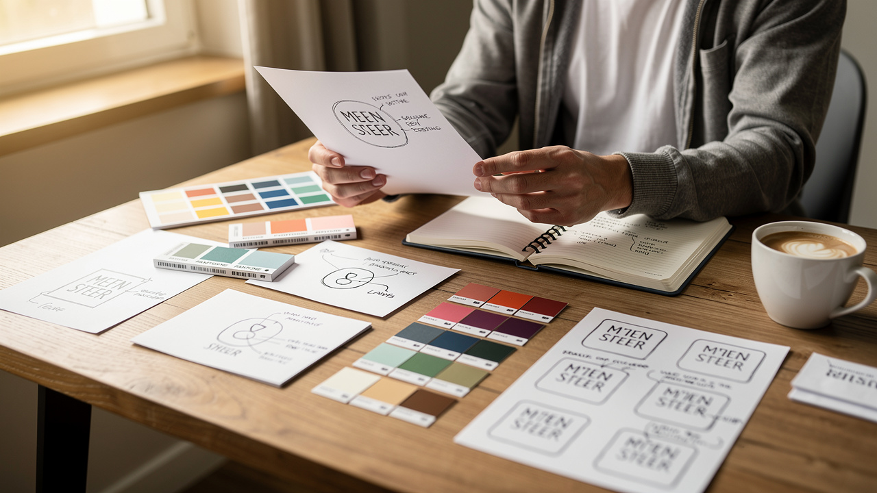 Empreendedor analisando materiais de identidade de marca sobre mesa iluminada
