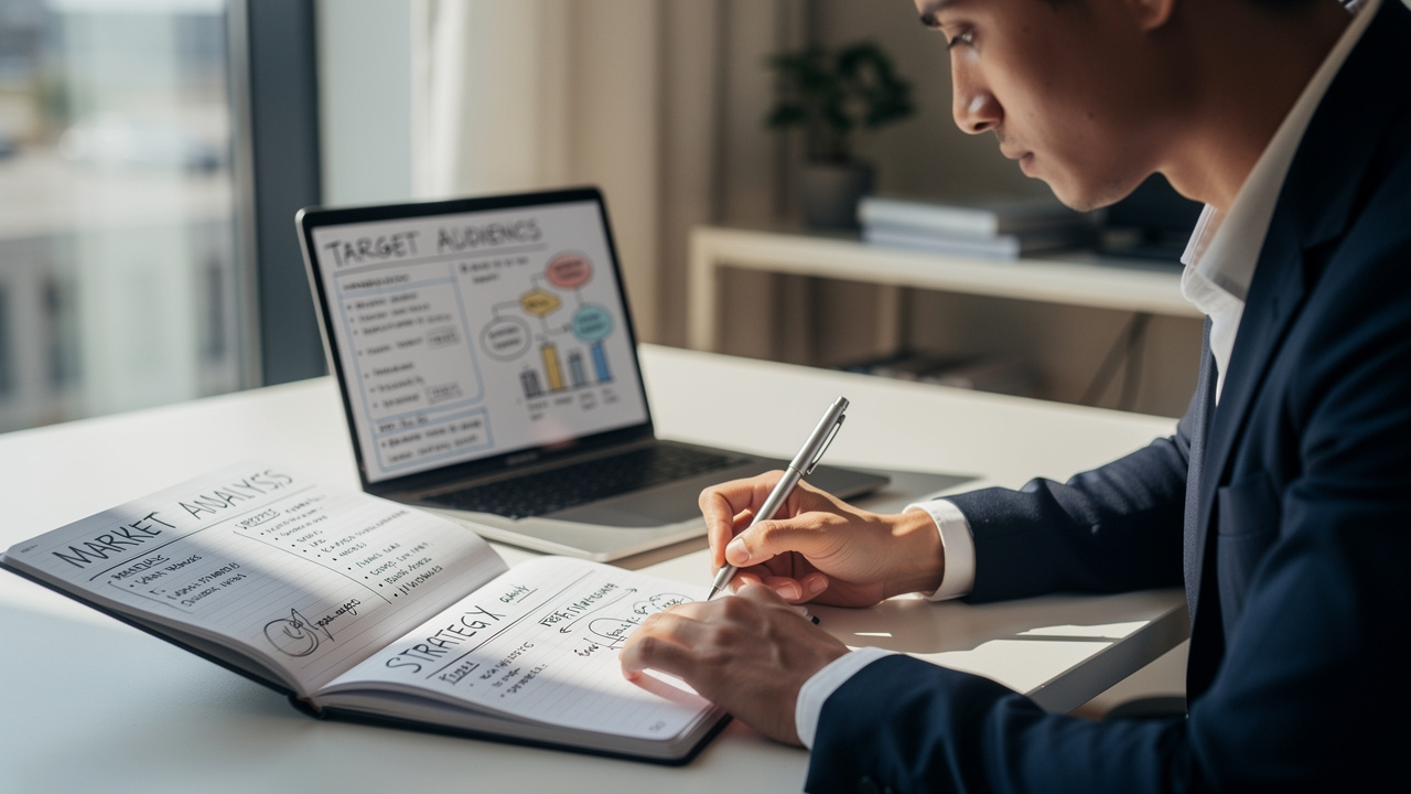 Estrategista de negócios escrevendo plano de marketing estruturado em caderno ao lado de notebook
