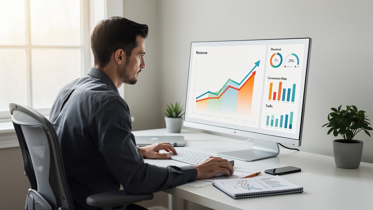 Gestor de e-commerce analisando um painel com gráficos de crescimento em uma tela de computador.