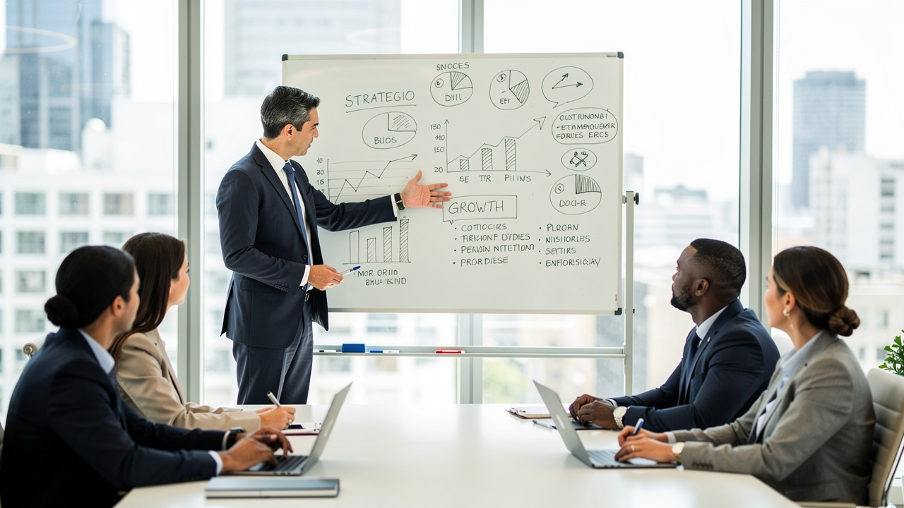 Líder apresentando plano estratégico em quadro branco para equipe em escritório moderno