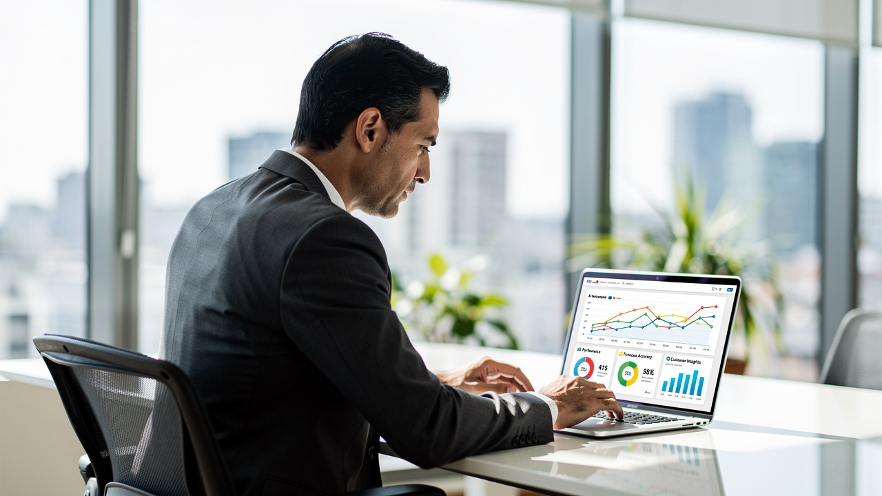 Diretor de empresa brasileiro analisando painel de inteligência artificial em escritório moderno