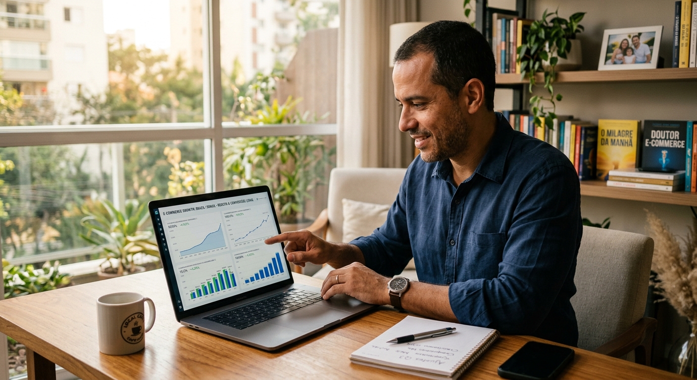 Empreendedor brasileiro analisando gráficos de crescimento do ecommerce em home office moderno