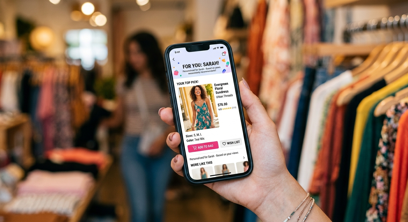 Tela de smartphone exibindo uma recomendação de produto personalizada em um e-commerce com cores vibrantes