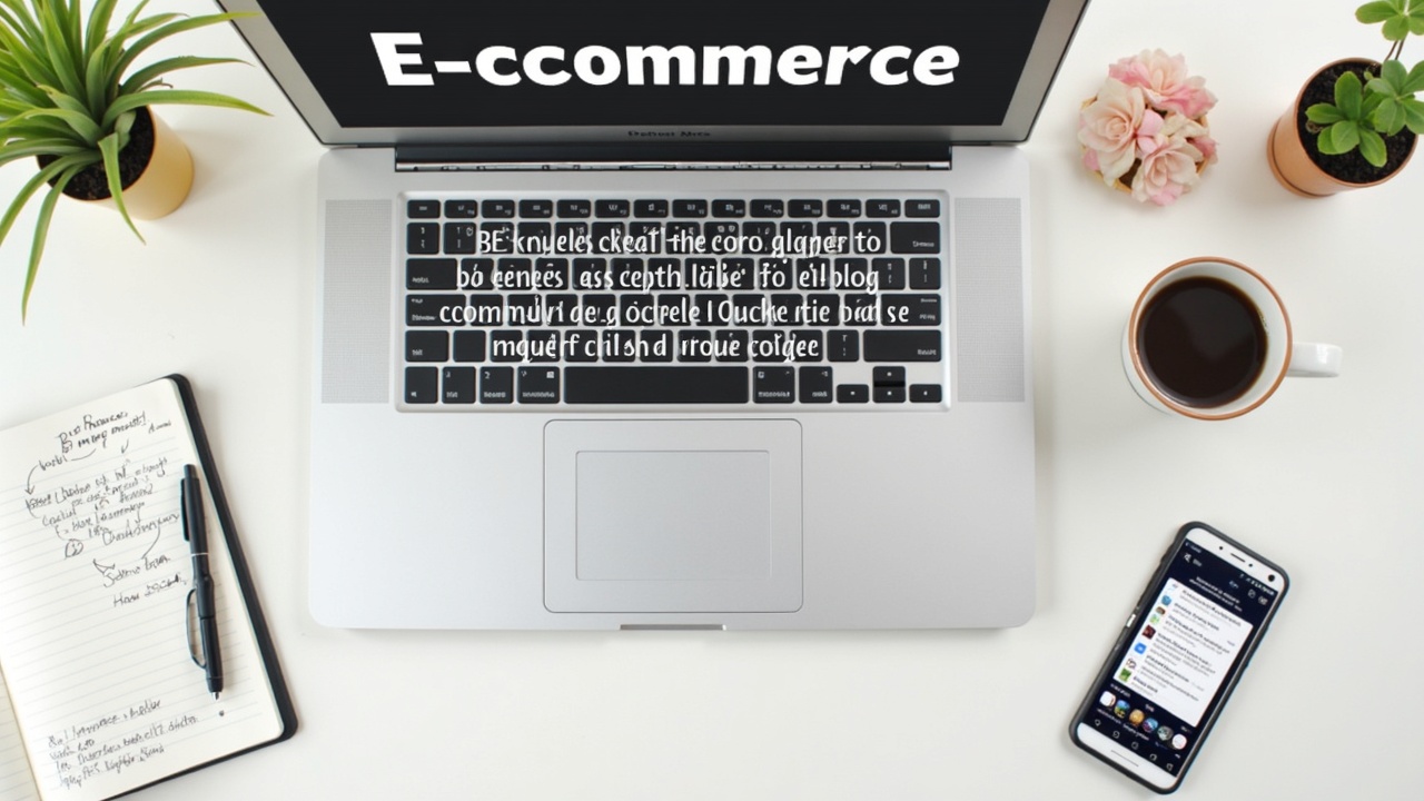 Mesa de trabalho com laptop exibindo blog de e-commerce, caderno de anotações, xícara de café e smartphone.