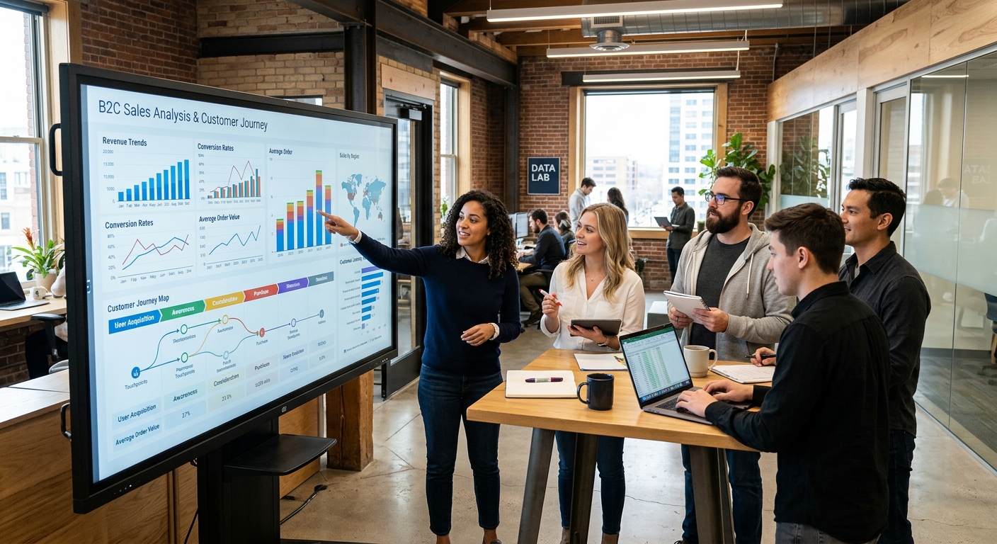 Equipe de marketing industrial analisando gráficos de vendas B2C em uma tela grande e interativa