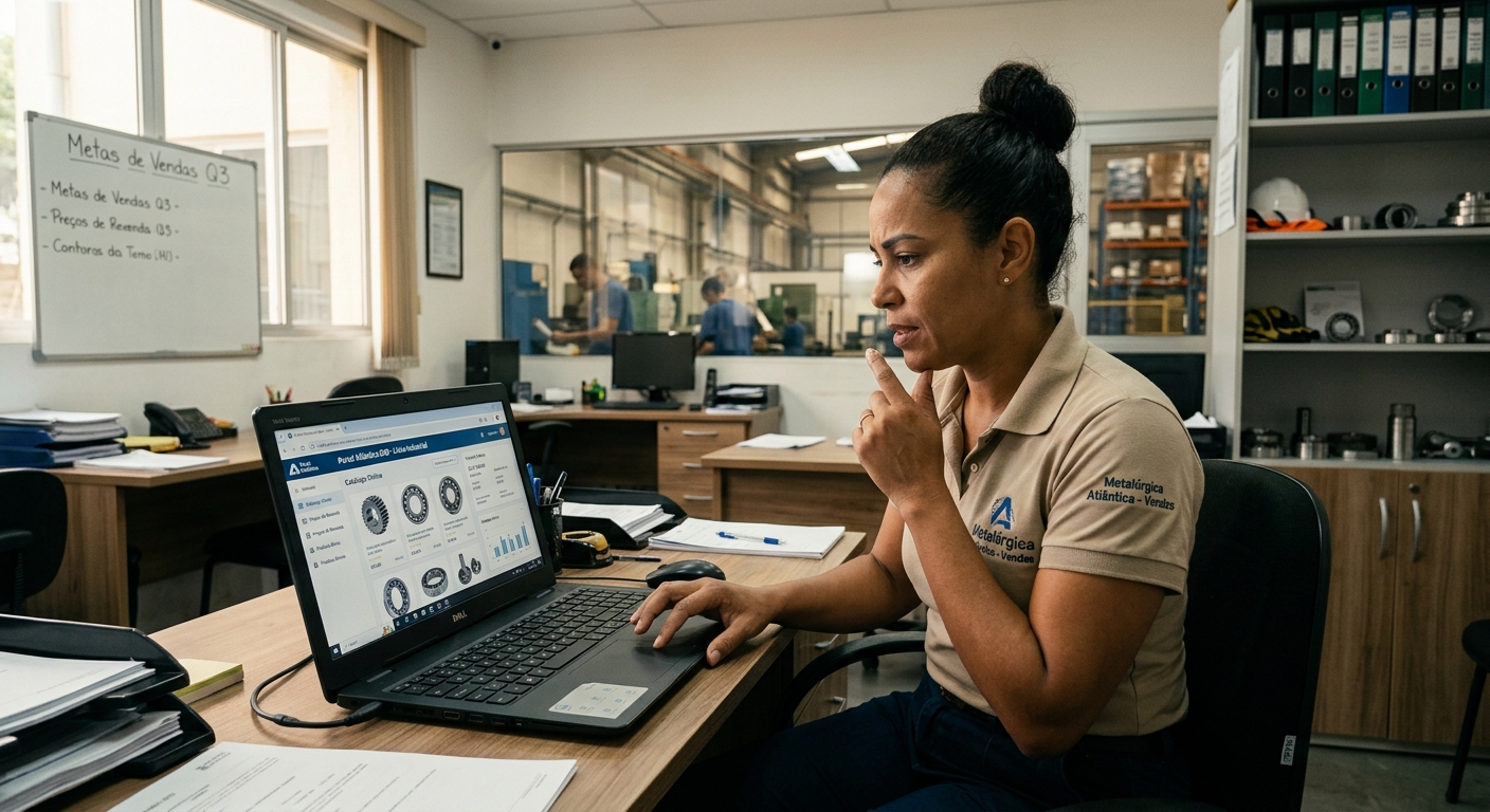 Gestor de vendas da indústria analisando loja B2B online no notebook dentro da fábrica
