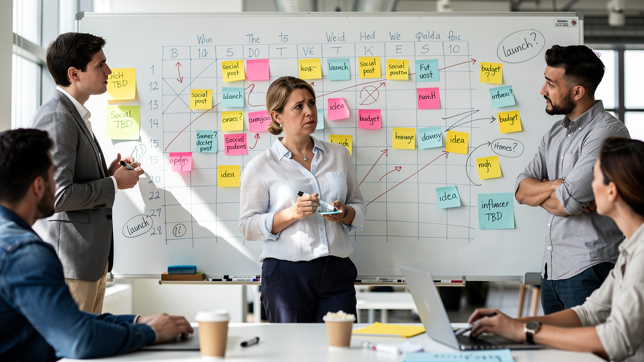 Equipe de marketing observando calendário de campanhas em quadro branco sem direção estratégica