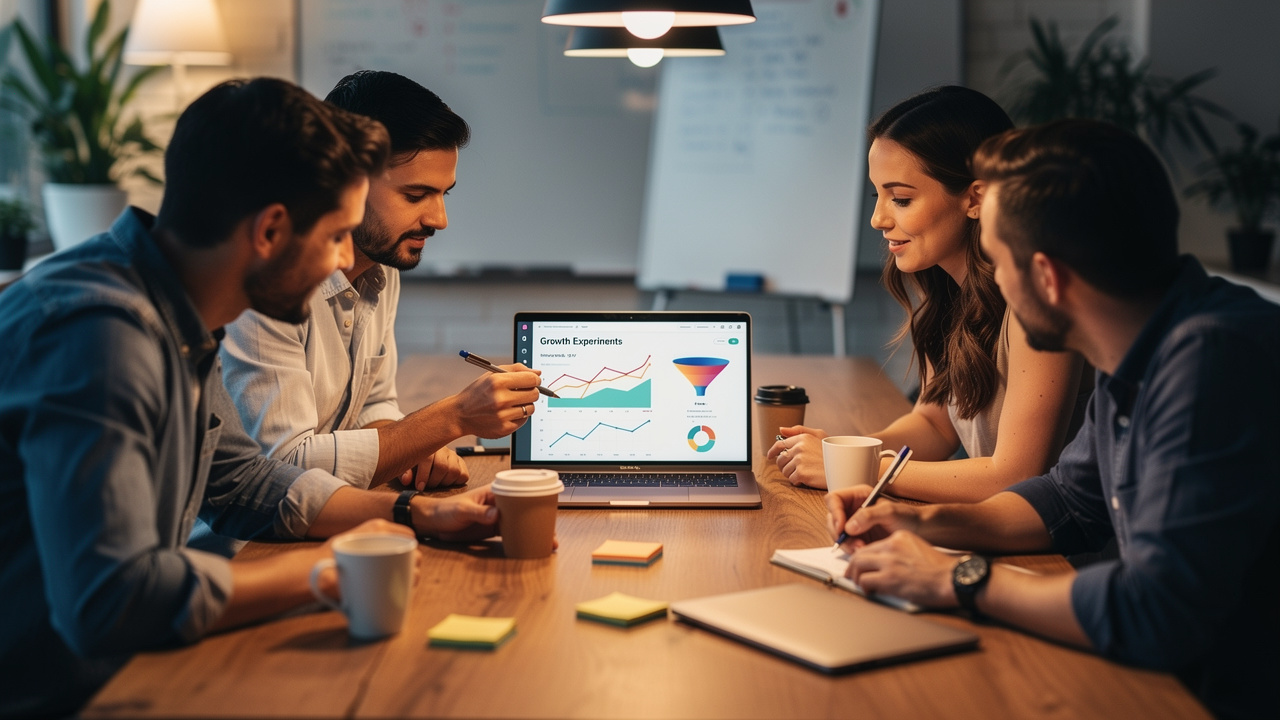 Pequena equipe analisando resultados de experimentos de crescimento em laptop no escritório