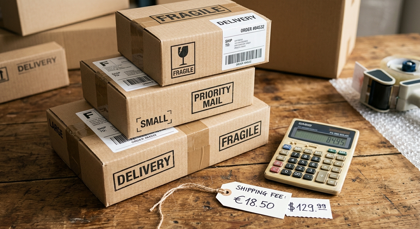 Caixas de entrega empilhadas ao lado de calculadora e etiqueta de preço sobre mesa de madeira