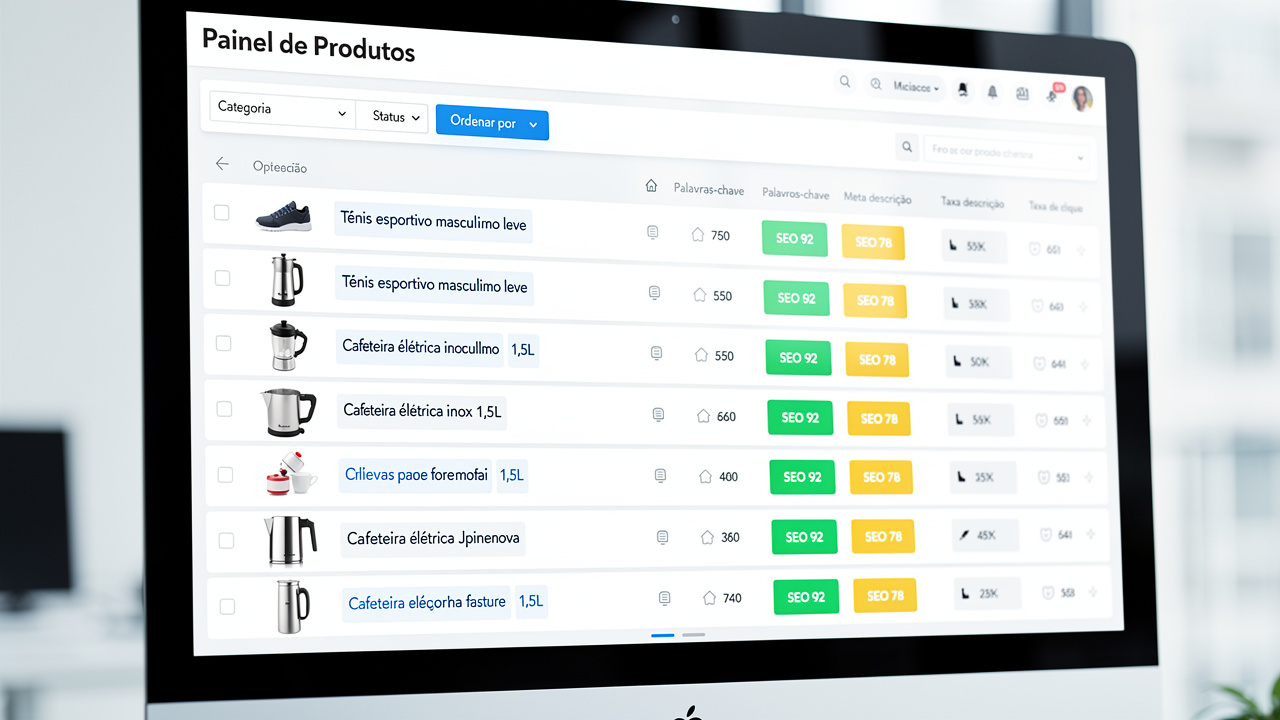 Tela de painel de listagem de produtos com pontuações de SEO e títulos otimizados em português