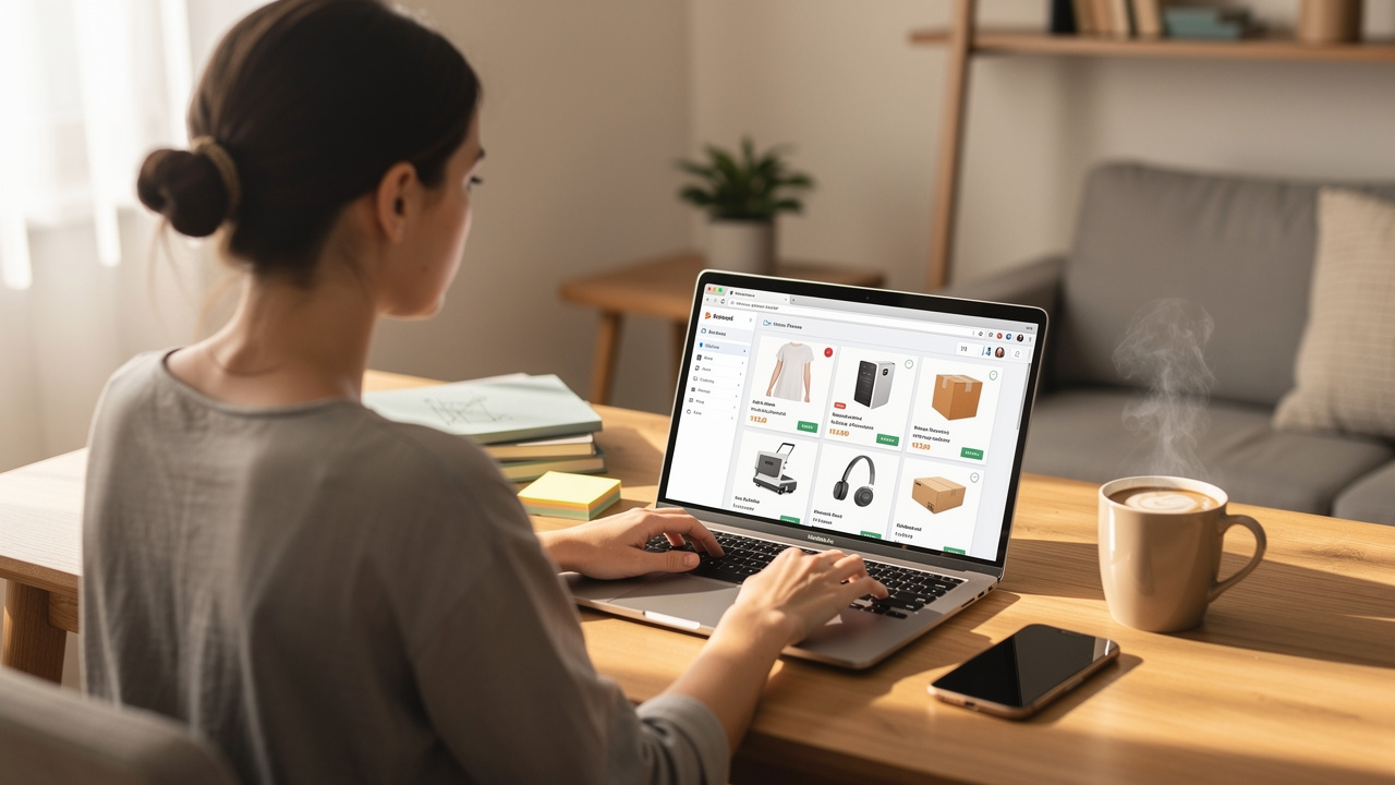Mulher em home office gerenciando pedidos de e-commerce pequeno em seu laptop