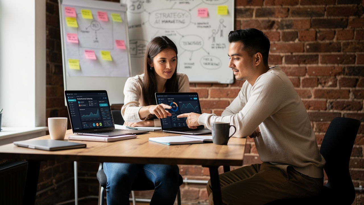 Dois profissionais de marketing colaborando com ferramentas de IA em ambiente de startup