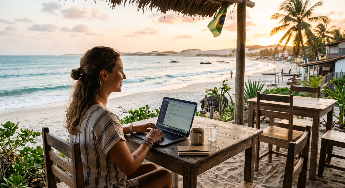 Profissional digital em uma cidade média brasileira, aproveitando a tranquilidade do ambiente