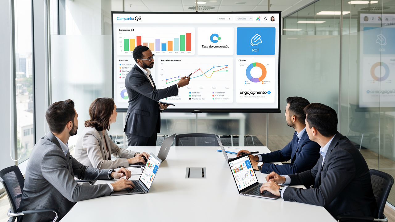 Equipe de marketing analisando métricas de campanha em tela grande no escritório