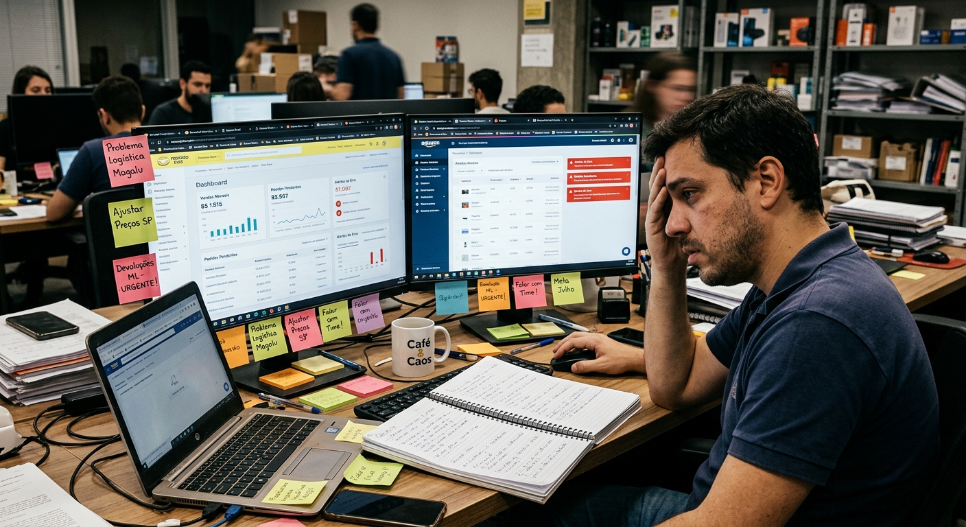 Gerenciador de e-commerce analisando múltiplas abas de marketplaces em tela de computador com papéis de anotação