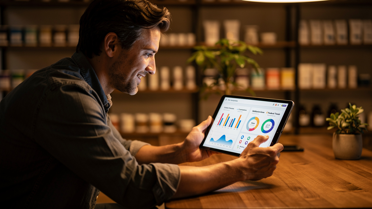 Proprietário de pequena empresa analisando dados de percepção do cliente em tablet com IA