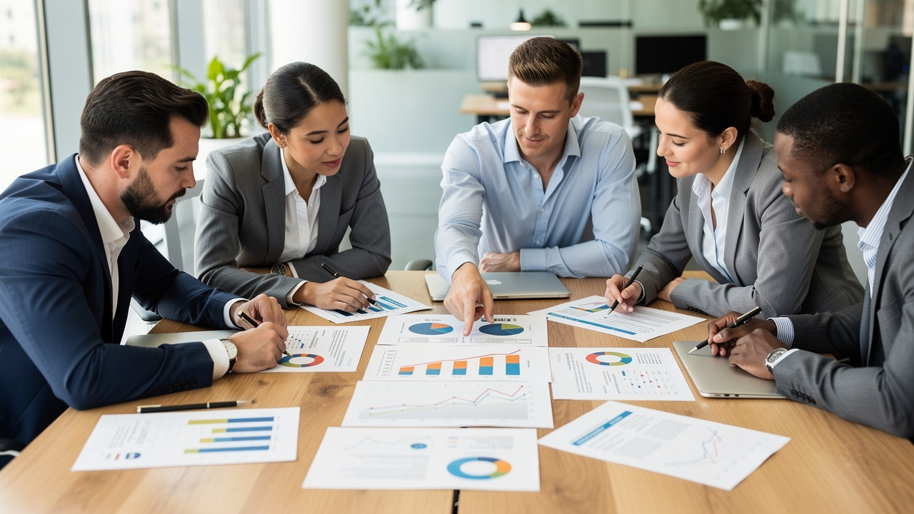 Equipe de negócios revisando planos estratégicos e gráficos de crescimento impressos em mesa de escritório