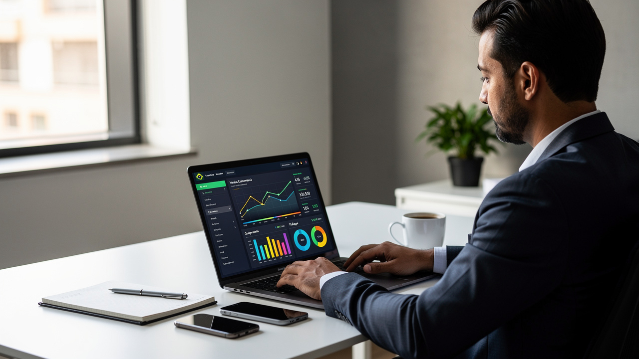 Gestor de e-commerce analisando dados de benchmark em laptop com gráficos na tela