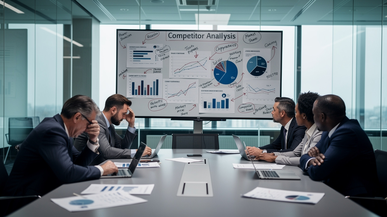 Equipe de negócios tensa em reunião analisando quadro com dados do concorrente sem chegar a decisão