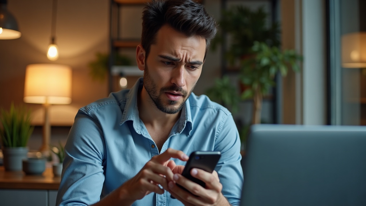 Cliente frustrado olhando para um smartphone com uma página de produto que carrega lentamente