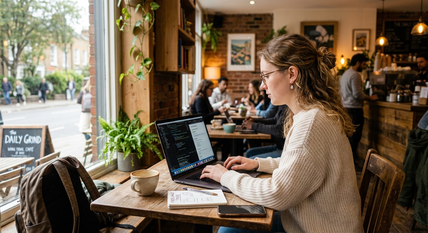 Jovem freelancer trabalhando em um laptop em um café, concentrado em suas tarefas.