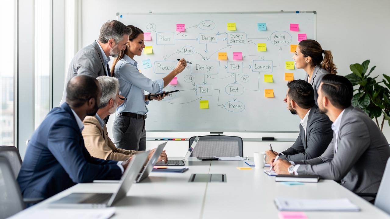 Equipe analisando fluxograma de processos em quadro branco em escritório moderno