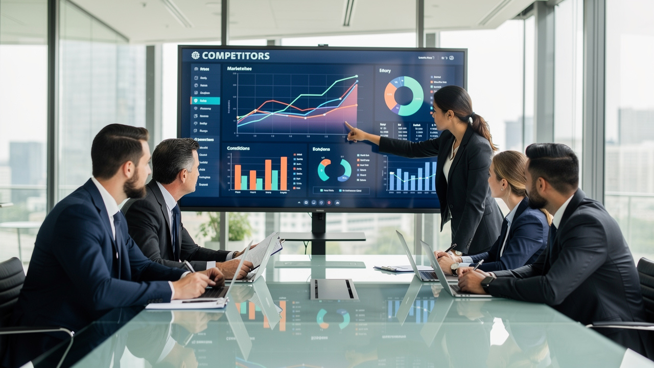 Equipe de negócios analisando dados de concorrentes em tela grande em sala moderna
