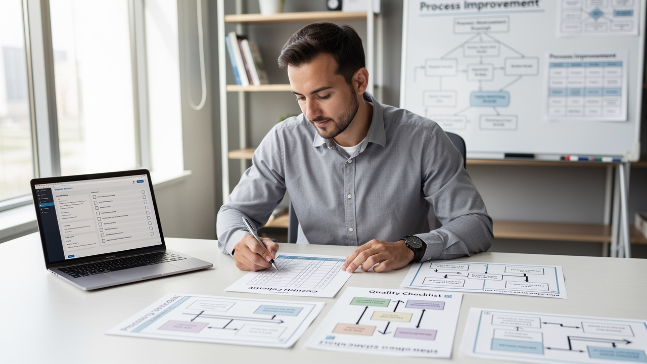 Gestor revisando documentação de processos e checklists de qualidade em mesa de trabalho