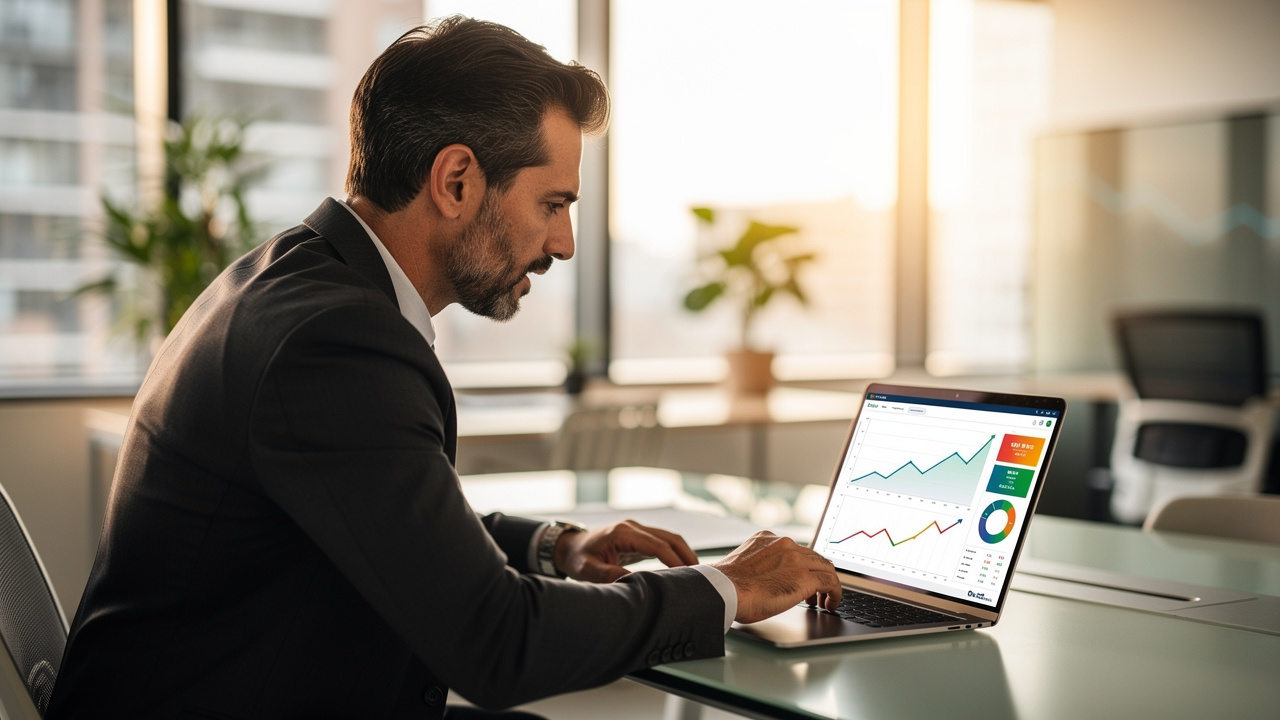 Empreendedor brasileiro analisando gráficos de crescimento em notebook em escritório moderno