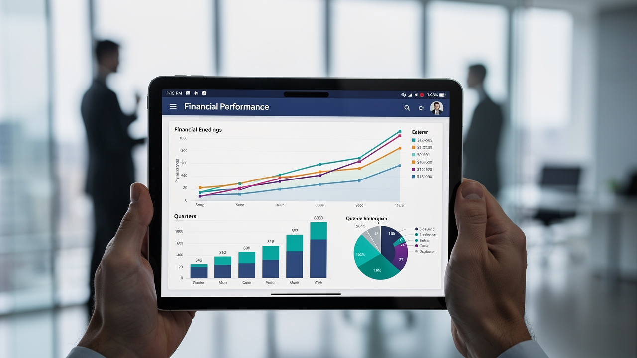 Tela de um tablet exibindo um painel com gráficos financeiros e métricas de desempenho empresarial