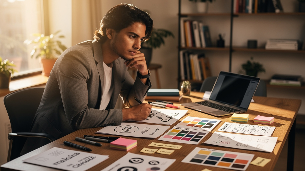 Empreendedor analisando esboços de identidade visual e referências de branding em mesa de madeira