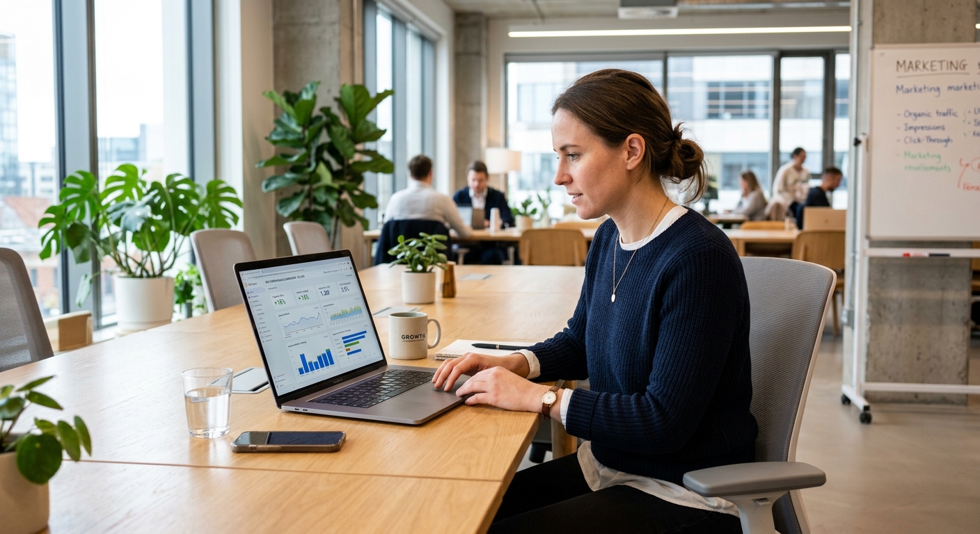Profissional de marketing digital analisando dados de SEO em laptop em escritório moderno