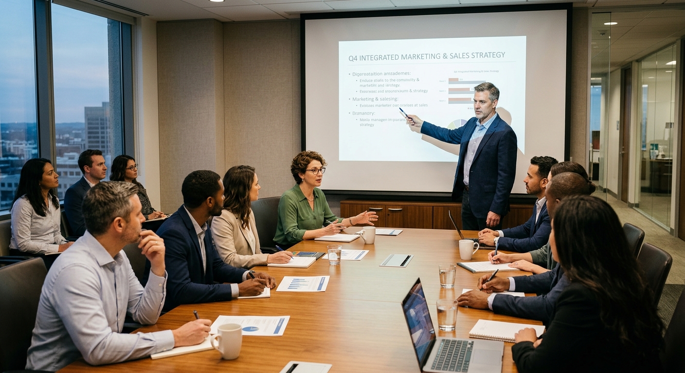 Reunião de equipe de marketing e vendas discutindo estratégias em ambiente de escritório