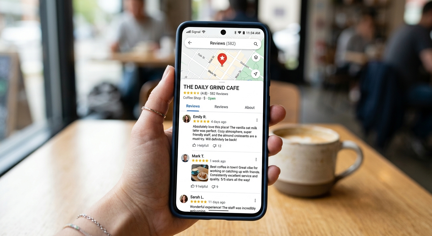 Tela de celular exibindo o perfil de uma empresa local em um aplicativo de mapas com avaliações positivas