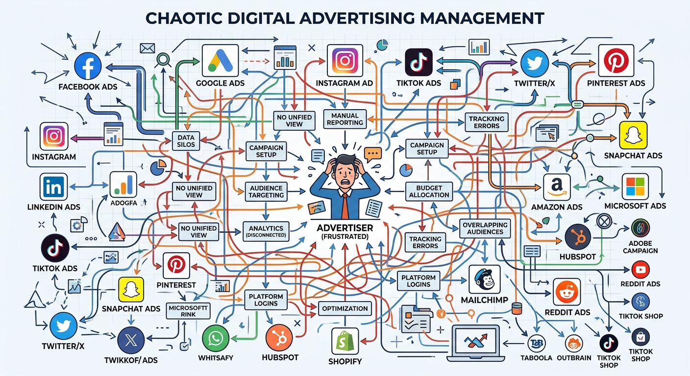 Diagrama mostrando a complexidade da mídia programática com várias plataformas de marketing desconectadas.