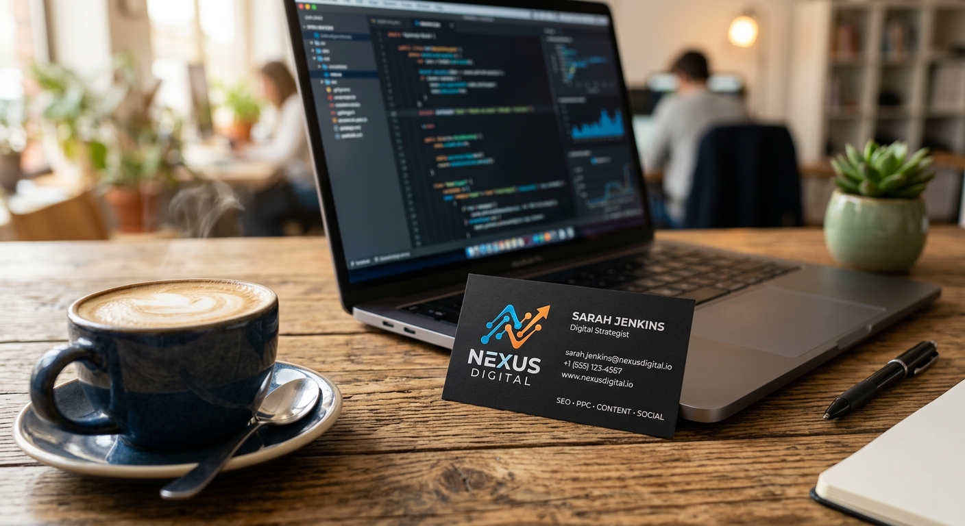 Cartão de visita estiloso de uma agência de marketing digital ao lado de um laptop e um café